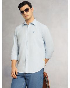 Sky Blue Cricket Club Collection Slim Fit Long Sleeves Spread Collar Pinstripes Cotton Linen Casual Shirt
