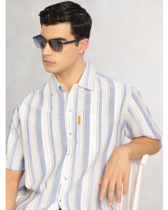 Blue Cricket Club Collection Oversized Short Sleeves Cuban Collar Vertical Striped 100% Cotton Oxford Casual Shirt