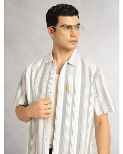 Green Cricket Club Collection Oversized Short Sleeves Cuban Collar Vertical Striped 100% Cotton Oxford Casual Shirt