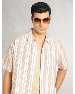 Beige Cricket Club Collection Oversized Short Sleeves Cuban Collar Vertical Striped 100% Cotton Oxford Casual Shirt