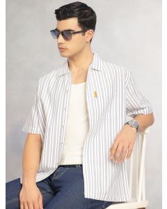 Blue Cricket Club Collection Oversized Short Sleeves Cuban Collar Vertical Striped 100% Cotton Oxford Casual Shirt
