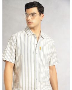 Green Cricket Club Collection Oversized Short Sleeves Cuban Collar Vertical Striped 100% Cotton Oxford Casual Shirt