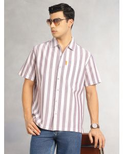 Maroon Cricket Club Collection Oversized Short Sleeves Cuban Collar Vertical Striped 100% Cotton Oxford Casual Shirt