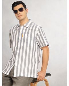 Navy Cricket Club Collection Oversized Short Sleeves Cuban Collar Vertical Striped 100% Cotton Oxford Casual Shirt