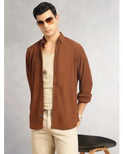 Brown Slim Fit Long Sleeves Button-Down Collar Corduroy Shirt