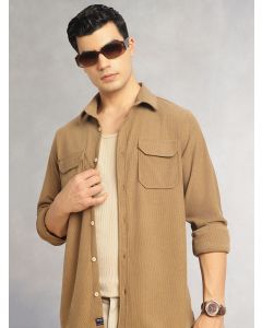 Khaki Regular Fit Long Sleeves Spread Collar Corduroy Casual Shirt