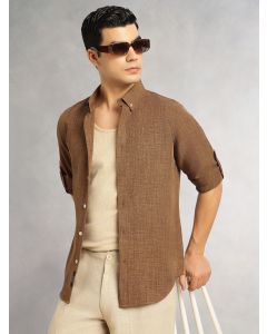 Coffee Slim Fit Long Sleeves Button-Down Collar Polyester Casual Shirt