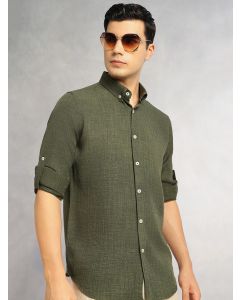 Forest Green Slim Fit Long Sleeves Button-Down Collar Polyester Casual Shirt