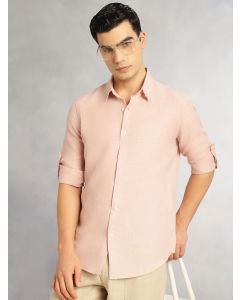 Peach Slim Fit Long Sleeves Button-Down Collar Polyester Casual Shirt