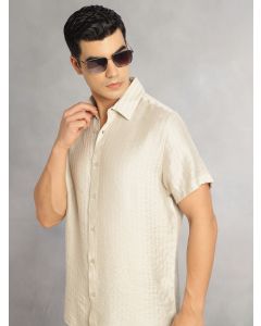 Cream Regular Fit Short Sleeves Spread Collar Textured Polyester Casual Shirt