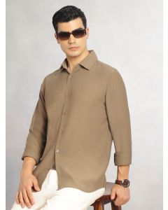 Brown Regular Fit Long Sleeves Spread Collar Textured Polyester Casual Shirt