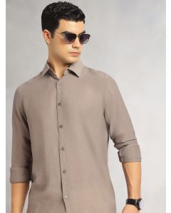 Grey Regular Fit Long Sleeves Spread Collar Textured Polyester Casual Shirt
