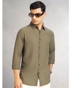 Olive Regular Fit Long Sleeves Spread Collar Textured Polyester Casual Shirt