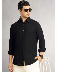 Black Regular Fit Long Sleeves Spread Collar Textured Polyester Casual Shirt