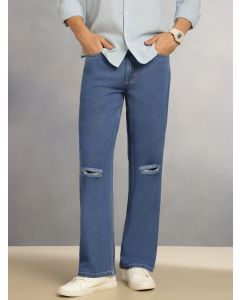 Mid Blue Mid-Rise Baggy Fit No Fade Highly Distressed 100% Cotton Non Stretchable Jeans