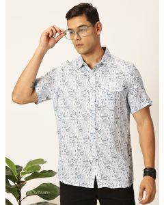 Medium Blue Regular Fit Short Sleeves Spread Collar Ethnic Motifs Printed Casual Shirt