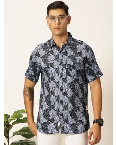 Navy Blue Regular Fit Short Sleeves Spread Collar Floral Printed Casual Shirt