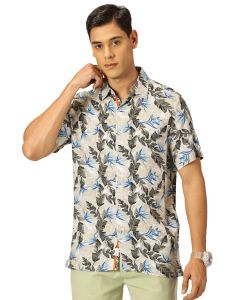 Grey Regular Fit Short Sleeves Spread Collar Floral Printed Casual Shirt