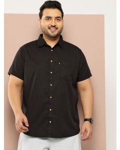 Black Plus Size Regular Fit Short Sleeves Spread Collar 100% Cotton Casual Shirt