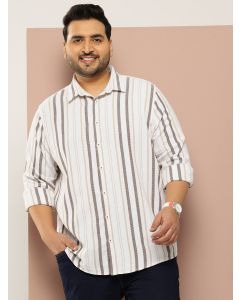 Cream Plus Size Regular Fit Long Sleeves Spread Collar Multi Stripes 100% Cotton Casual Shirt