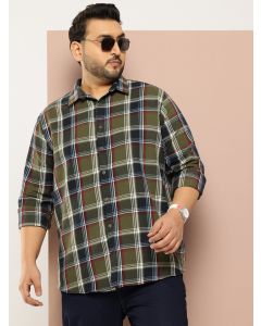 Green Plus Size Regular Fit Long Sleeves Spread Collar Shepherd Checks 100% Cotton Casual Shirt