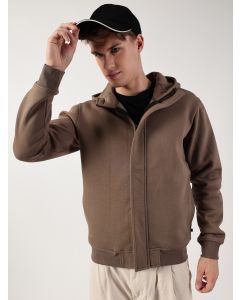 Brown Regular Fit Long Sleeves Solid Open Front Hooded Jacket