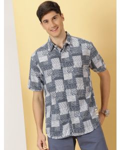 Navy Blue Short Sleeves Regular Sleeves Spread Collar Geometric Printed Cotton Rayon Casual Shirt