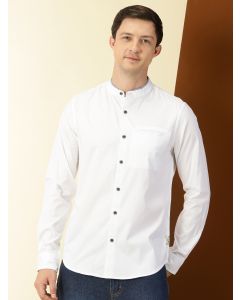 White Cricket Club Collection Slim Fit Long Sleeves Band Collar Cotton Casual Shirt