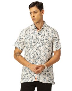 Medium Blue Regular Fit Short Sleeves Spread Collar Floral Printed Casual Shirt