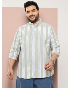Green Cricket Club Collections Plus Size Regular Fit Long Sleeves Button-Down Collar Multi Stripes 100% Cotton Casual Shirt