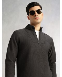 Grey Regular Fit Long Sleeves Mock Neck Half-Zip Solid Polyester Knitted Sweatshirt