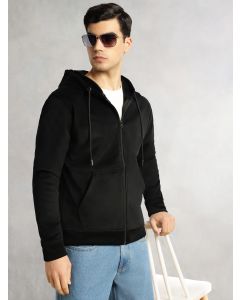 Black Regular Fit Long Sleeves Kangaroo Pocket Polyester Hoodie Sweatshirt
