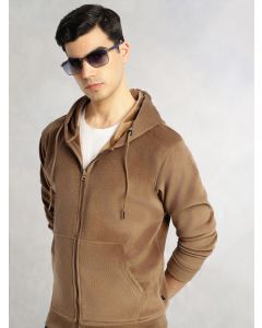 Brown Regular Fit Long Sleeves Kangaroo Pocket Polyester Hoodie Sweatshirt