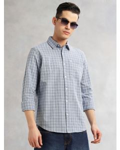Blue Slim Fit Long Sleeves Spread Collar Tartan Checks Cotton Linen Casual Shirt