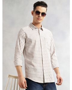 Brown Slim Fit Long Sleeves Spread Collar Tartan Checks Cotton Linen Casual Shirt