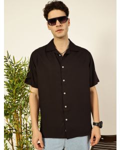 Black Short Sleeves Oversized Fit Solid Cuban Collar Viscose Casual Shirt