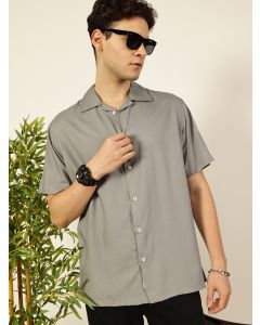 Grey Short Sleeves Oversized Fit Solid Cuban Collar Viscose Casual Shirt