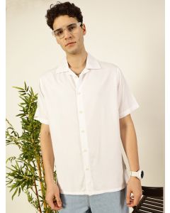 White Short Sleeves Oversized Fit Solid Cuban Collar Viscose Casual Shirt