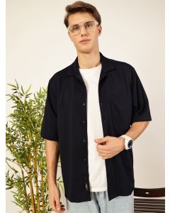 Navy Short Sleeves Oversized Fit Textured Cuban Collar 100% Cotton Twill Casual Shirt