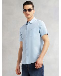 Sky Blue Slim Fit Short Sleeves Spread Collar Solid Cotton Linen Casual Shirt