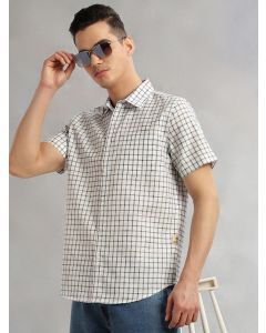 Navy Slim Fit Short Sleeves Spread Collar Gingham Checks Cotton Linen Casual Shirt