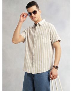 Beige Slim Fit Cotton Linen Vertical Stripes Casual Shirt with Spread Collar & Short Sleeves