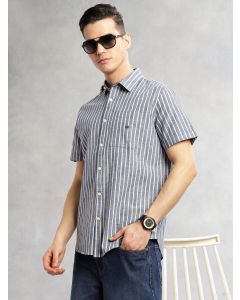 Blue Slim Fit Cotton Linen Vertical Stripes Casual Shirt with Spread Collar & Short Sleeves