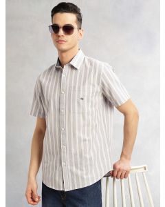 Mid Blue Slim Fit Cotton Linen Vertical Stripes Casual Shirt with Spread Collar & Short Sleeves