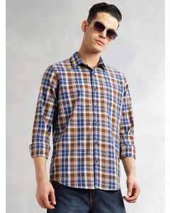 Blue Slim Fit Long Sleeves Spread Collar Tartan Check 100% Cotton Casual Shirt