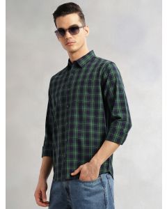 Green Slim Fit Long Sleeves Spread Collar Tartan Check 100% Cotton Casual Shirt