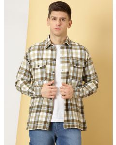 Beige Regular Fit Long Sleeves Spread Collar Tartan Checks Casual Shacket