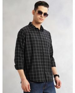 Black Slim Fit Long Sleeves Spread Collar Windowpane Check 100% Cotton Twill Casual Shirt
