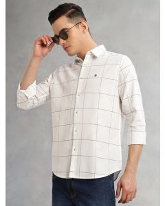 White Slim Fit Long Sleeves Spread Collar Windowpane Check 100% Cotton Twill Casual Shirt