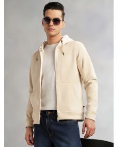 Cream Regular Fit Long Sleeves Kangaroo Pocket Polyester Hoodie Sweatshirt